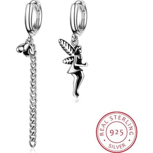 Prevent Allergy 925 Sterling Silver Vintage Hoop Earring for Women Asymmetry angel wing Long Tassels Ear Jewelry Party Gift
