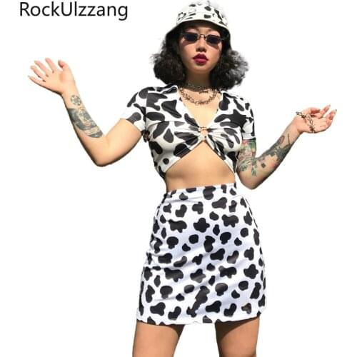 Cow Ring Bustier Crop Top High Waist Skirt Sexy Two Piece Set Women Streetwear Outfit Cute Club Harajuku Dark Lolita Sexy Suit