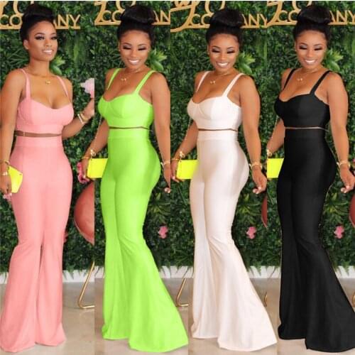 Adogirl Women Casual Solid Two Piece Set Bra Top High Waist Flare Pants Spaghetti Straps Crop Top Foot Cut Trousers Suits