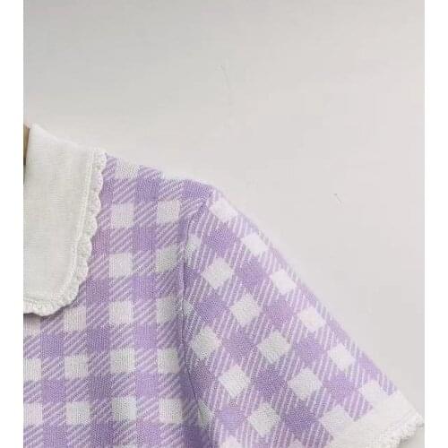 2020 Spring and Summer New Wave-edge Purple Plaid Short-sleeved Women Knitted Top/ Skirt/ Coat