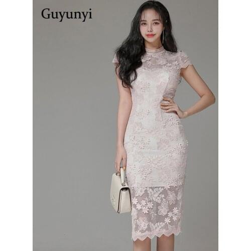 Pink Three-Dimensional Floral Lace Dress 2021 Summer Temperament Stand Neck High Waist Tight Dress Women Elegant Party Dress