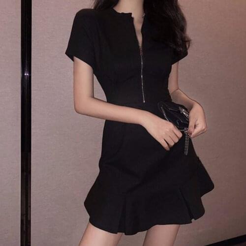 Women Party Dress Short Sleeve High Waist A-line Fishtail Hem Zipper Mini Summer Dresses 2021