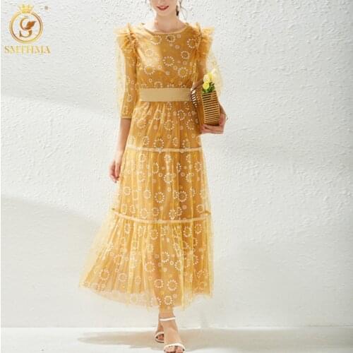 SMTHMA New Fashion Womens Autumn Runway Ruffle Holiday Dress Puff Half Sleeve Mesh Print O-Neck Elegant Party Dress Vestidos