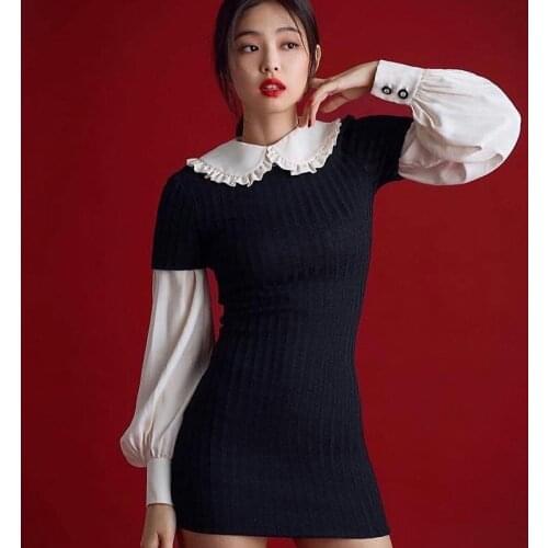 Kpop Korea 2021 Summer New Sexy Knitted Doll Collar Long Sleeve Dresses Women Party Vintage Elegant Black Fake Two A-Line Dress