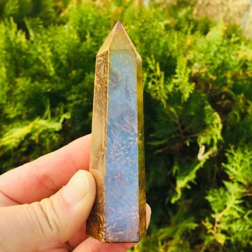 1PCS Natural Polished electroplating Golden Silk Jade Points Tower healing crystal stone point For Healing