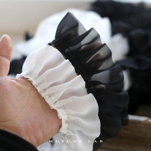 2M White Black Ruffle Lace Trim Chiffon Pleated Ribbon Collar Folded Fabric Sewing Applique DIY Dress Hair Band Materials 5CM