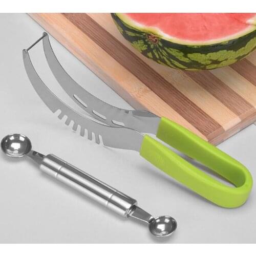 2Pcs Stainless Steel Watermelon Slicer Fruit Knife Carving Cutter Melon Ballers Spoon Ice Cream Ballers Kitchen Fruit Tool Set