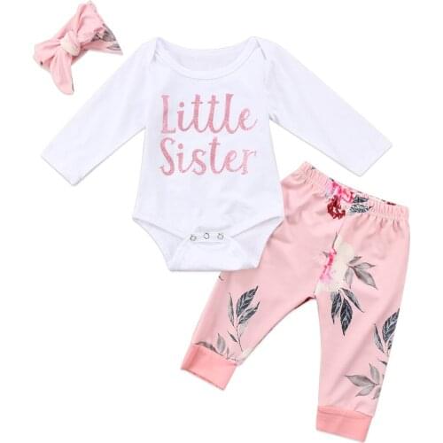 2017 Little Sister Baby Clothes Set Newborn Baby Girls Flower Romper Long Pants Headband Outfits Set