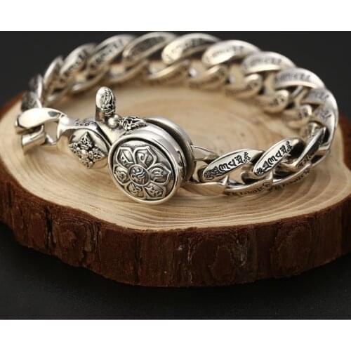 S925 sterling silver big vintage trend wild vajra bracelet men Thai silver six-character mantra bracelet male jewelry
