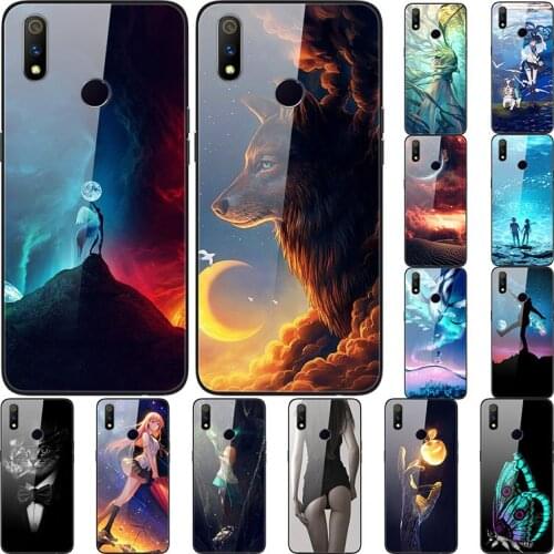 Case For Realme 3 Back Phone Cover Black TPU Silicone Bumper With Tempered Glass