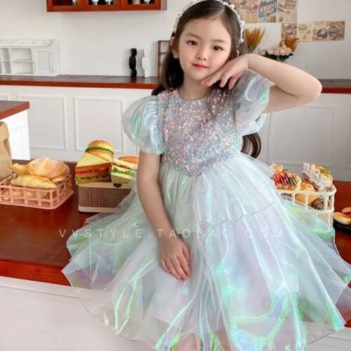 Kids Girl Summer Dress Elegant Puff Sleeve Sequin Wedding Party Dress Princess Girls Skinny Cake Dress Children Clothes Vestidos