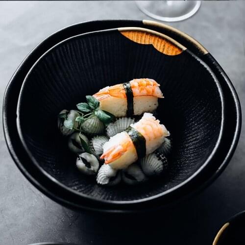 Retro Ceramic High Temperature Resistant Black Gold Ink Jade Shallow Bowl Inlaid Colored Gold Non-slip Rice Bowl