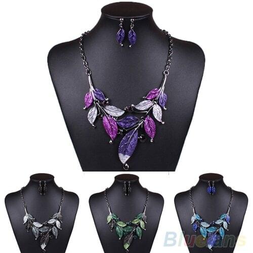 Classic Colorful Leaf Rhinestone Alloy Drop Necklace Earrings Jewelry Set 1K2R