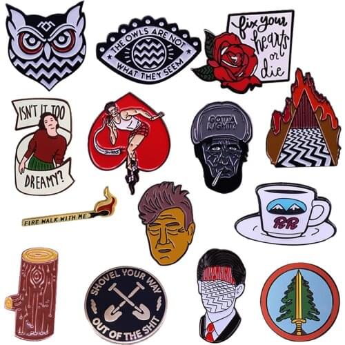 Twin peaks pins DavidLynch classic tv series badge Agent Cooper Log Lady Fire Walk With Me Dr. Amps Gold Shit Digging