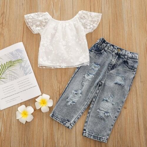 2021-05-06 Lioraitiin 2Pcs Set 1-5Years Toddler Baby Girl Clothes Set Floral Short Sleeve Off-shoulder Tops + Ripped Long Jeans