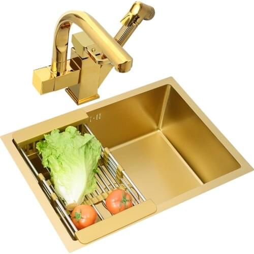 Small Kitchen Sinks with Accessories Faucet Gold Nano Handmade Stainless Steel 304 Kitchen Sink for Luxury Home Decoration SI790