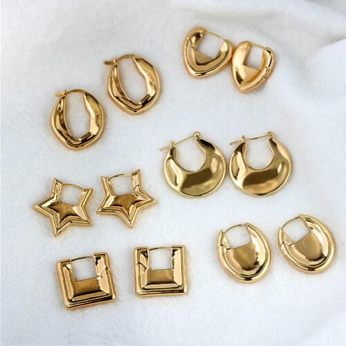 JUST FEEL 2021 Copper Geometric Hollow Hoop Huggie Earrings For Women Golden Oval Square Star Heart Earrings Statement Jewelry
