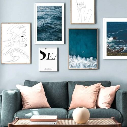 Sea Wave Line Girl Sea Quotes Wall Art Canvas Painting Nordic Posters And Prints Landscape Wall Pictures For Living Room Decor