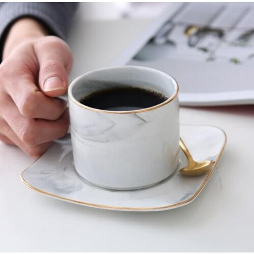 European-Style Marble Coffee Cup And Saucer Set Creative Golden Edge Cup Afternoon Tea Black Tea Mug Latte Mug Drinkware