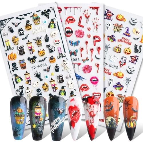 1Pcs/set 2021 New Nail Stickers Halloween Series 5D Embossed Nail Stickers Sticker Pumpkin Skull Butterfly Flower Palm Cartoon