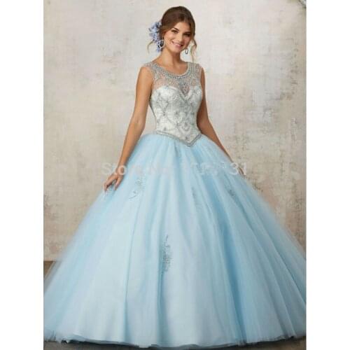 Sky Blue Cheap Quinceanera Dresses Ball Gown Scoop Tulle Beaded Crystals Sweet 16 Dresses