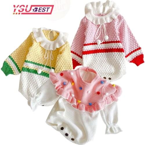 New Spring Baby Girl knitted Princess Romper Ruffle Kids Long Sleeve Ball Playsuits Baby Triangle Jumpsuit Toddler Kids Clothing