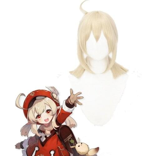 Game Genshin Impact Klee Cosplay Wigs Costumes Klee Headgear+Free Wig Cap Short Golden Double Ponytail Hair