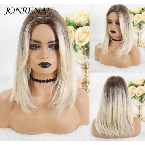 Jonrenau Dark Brown ombre to Platinum Synthetic Natural wave Wigs for White Black Women Bobo Wigs with Bangs Daily Cosplay Wig