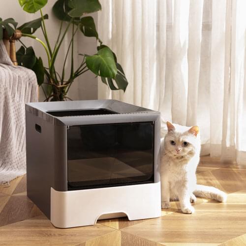 Big Size Colorful Self Cleaning Cat Litter Box Drawer Style Two-Door Enclosed Cat Litter Pan with Scoop Gray Cat Litter Pan