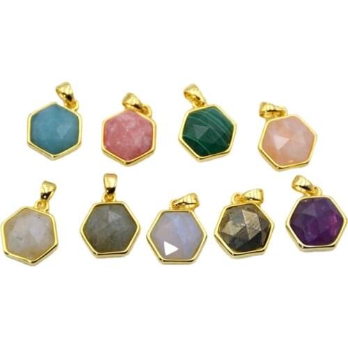 Faceted Gem stone Necklace Pendant Gold Hexagon Simple Jewelry Charms malachite labradorite sun stone quartz Gift for Her