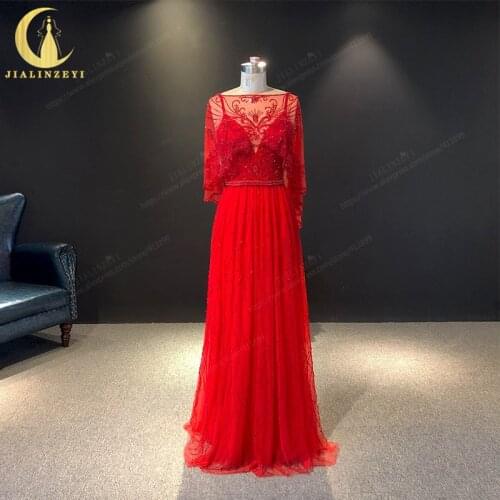 JIALINZEYI Real Image Luxurious Two Pieces Red Crystal Beads Floor Length Formal Dresses Evening Dress 2021