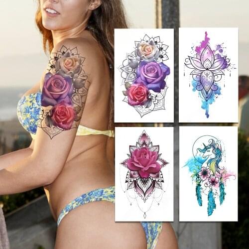 Rose Henna Flower Temporary Tattoos For Women Watercolor Lotus Fake Tattoo Geometric Unicorn Feather Mehndi Lace Tatoo Arm Chest
