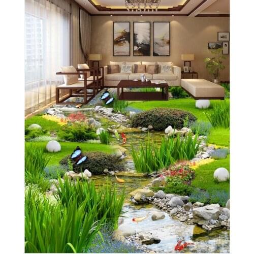 Custom photo floor wallpaper 3D floor garden grass water fish self-adhesive 3D floor PVC waterproof floor