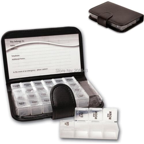 Pill Box Sorter Organizer Weekly Wallet Coded for 7 Days 4 Doses Daily+Info Card