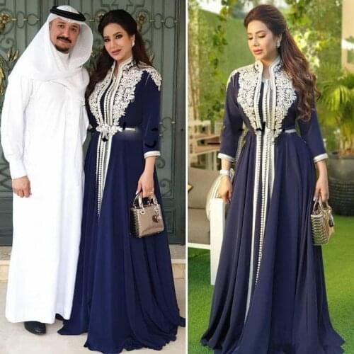 Navy Blue Muslim Prom Formal Dresses with Sleeves 2020 Arabic Kaftan Caftan Morocco Abaya Lace Applique Evening Reception Gown