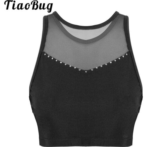 TiaoBug Women Round Neck Sleeveless Mesh Splice Shiny Rhinestone Crop Top Dancewear Ballet Gymnastics Tops for Stage Performance