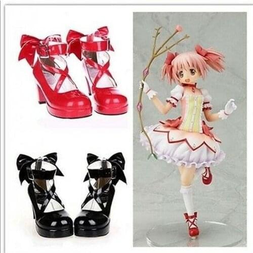 US4-11 Sweet Womens Madoka Kaname Cosplay High Heels Lolita Bowknot Round Toe Cross Straps Pumps Shoes Plus Custom Made Size