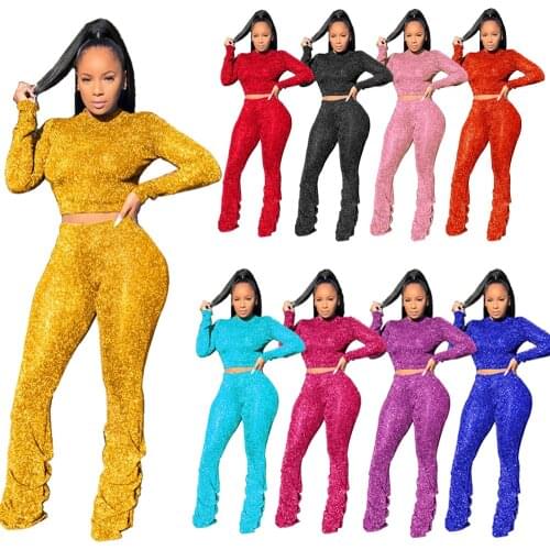 Y168 Wholesale Items Sexy Stacked Leggings Set Ruffle Ruched Plus Size Women Clothing Two Piece Pant Set