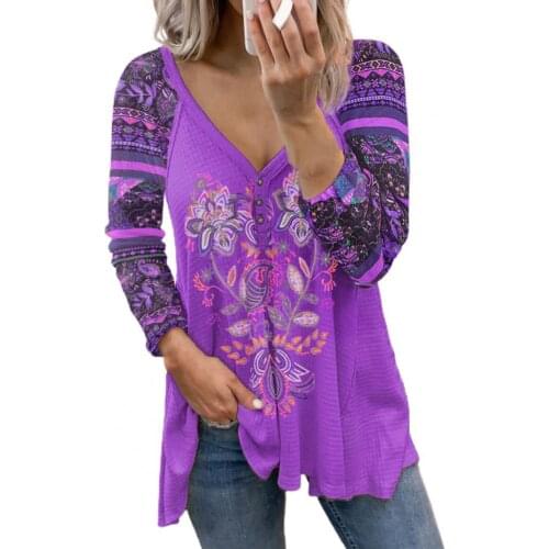 Women Blouse Elegant Autumn Pullover Retro Cotton Blend Print Women Blouse Long Sleeve V Neck Slim Top V Neck Blouse Plus Size