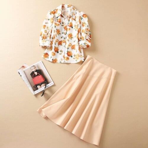 2021 Autumn Fashion Skirt Suits & Sets Women Turn-down Collar Yellow Floral Print Tops Shirt+High Waist Apricot A-Line Skirt Set