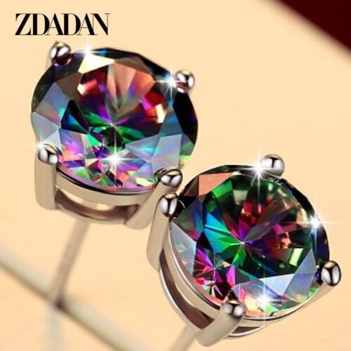 ZDADAN 925 Silver 4mm 6mm 8mm Square Circle CZ Earrings For Women Fashion Wedding Jewelry Gifts