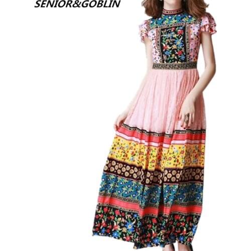 2019 Summer Luxury Runway Boho Short Sleeve Print Maxi Dress Women Ethnic Designer Lace Patchwork Holiday Beach Party Long Dress