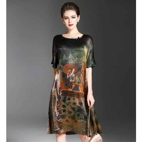 Vintage Ethnic Painting Design Dress Women Summer Half Sleeve Soft Silk Dresses Elegant Woman Brand Vestidos O-Neck Plus Size