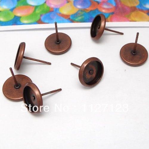 100pcs Stud earring post with 8mm round cabochon setting Antique copper metal earring blank base tray findings accessories