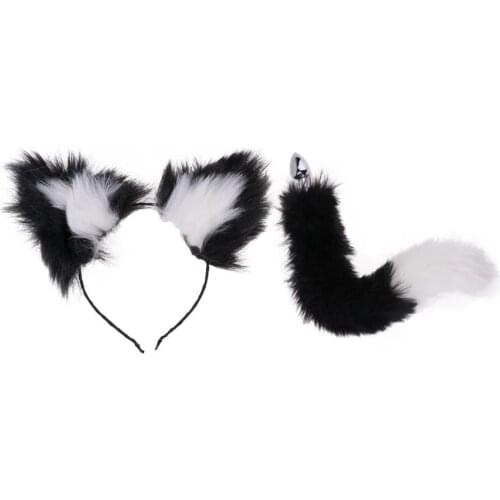 2 Women Sexy Cat Fox Cosplay Props Plush Ears Headband with Tail Anal Plug Costumes Set Adult Masquerade Party Funny Erotic Toys