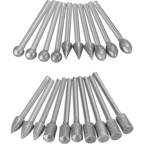 20Pcs 3mm Shank Diamond Burr Bit Cut Engraving Carving Rotary Drill Bits New
