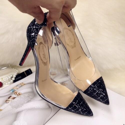 2021 spring transparent pointed toe stiletto bridal wedding shoes color matching sequins banquet dress womens single shoes