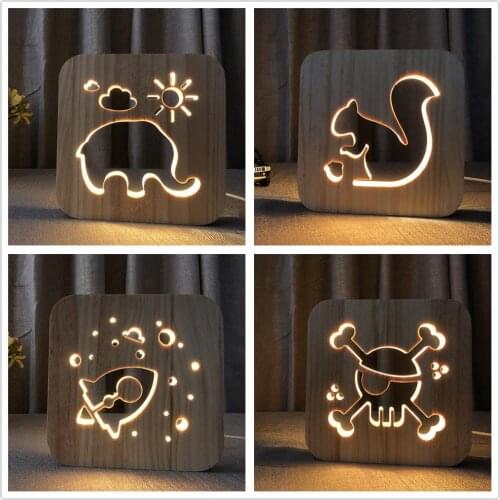 3D Wooden Lamp Elephants Squirrel Rockets Pirates Hollow Out LED Table Lamp USB Night Light Gift for Children Home Bedroom Decor