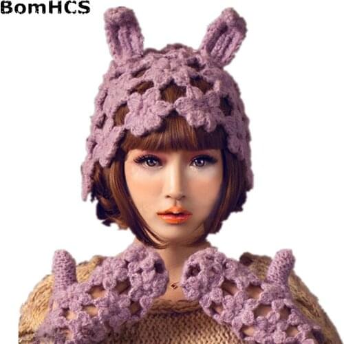 BomHCS Fashion Ladys Sweet Rabbit Ears Beanie+ Gloves Autumn Winter Handmade Knitted Flower Beret Hat Mittens