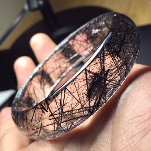 54mm Natural Quartz Black Hair Rutilated Crystal Bangle Bracelet Handwork
